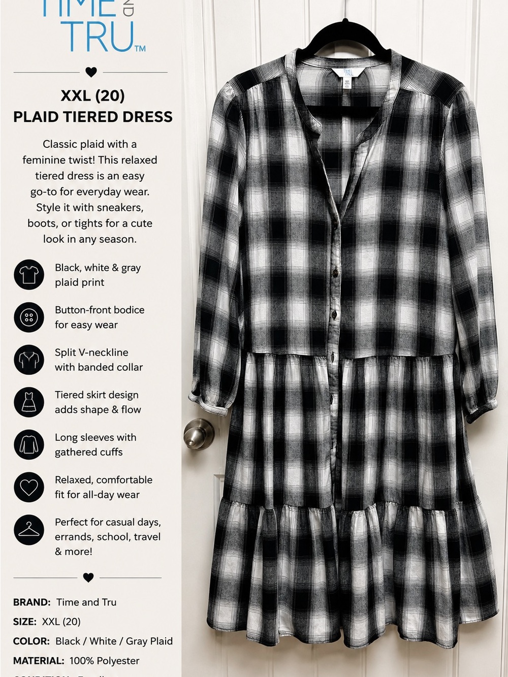 Time and Tru Black White Gray Plaid Tiered Button-Front Dress